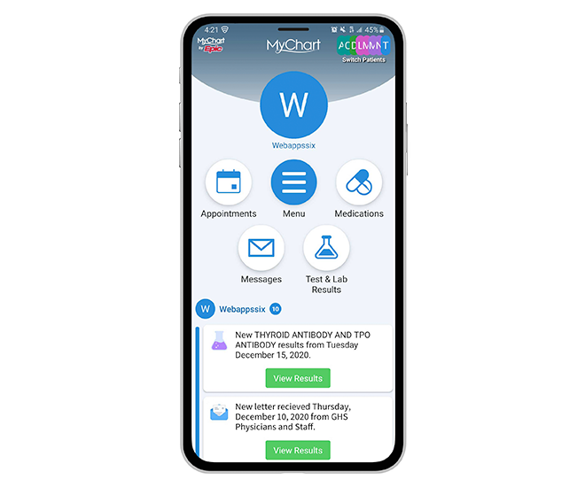Phone displaying the mychart app