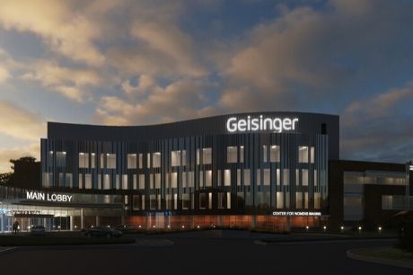 Rendering of the Geisinger Wyoming Valley Medical Center at dawn.